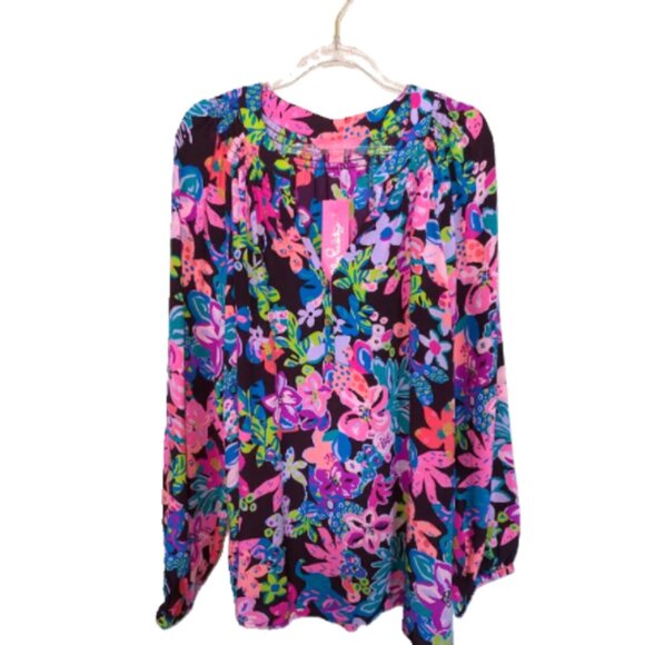 NWT Lilly Pulitzer Elsa Silk Top Blouse Cherry Ganache Bohemian Garden Size XL - Picture 6 of 8